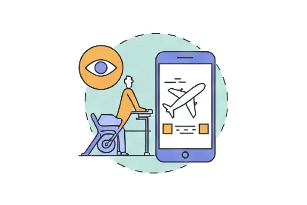 Ilustração de uma pessoa sentada usando um aplicativo de viagens em um smartphone, com um ícone de olho representando a visualização de informações de voo.