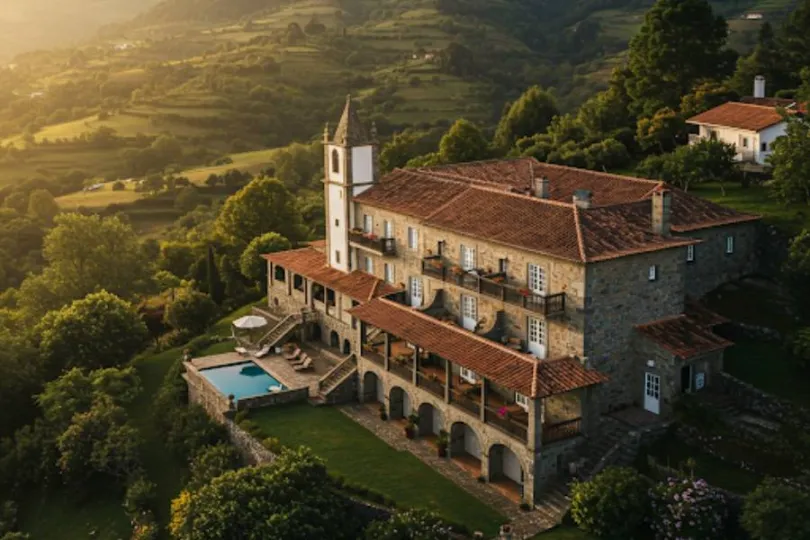 Vista panorâmica da Pousada Casa da Montanha: hotel de pedra charmoso com piscina e varandas em encosta montanhosa arborizada.