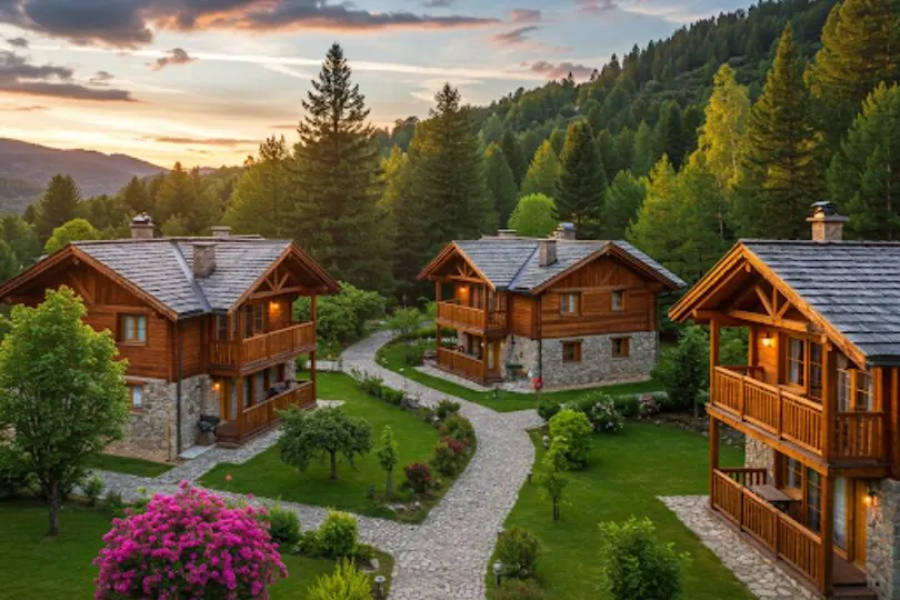 Chalés charmosos de madeira e pedra com luzes acesas, cercados por árvores e montanhas, criando uma atmosfera acolhedora