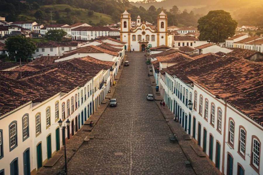 Rua histórica de Diamantina, Minas Gerais, com casario colonial, igreja barroca e montanhas ao fundo sob luz suave.