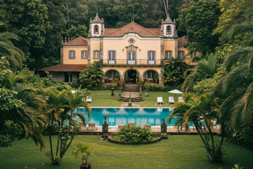 Vista da Quinta da Estância: casarão colonial amarelo com telhado vermelho, piscina azul e vastos jardins tropicais com palmeiras.