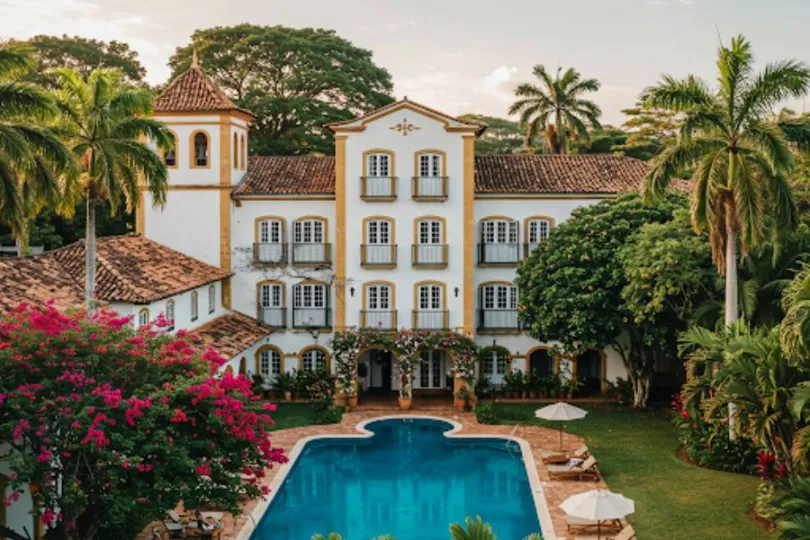 Pousada Villa Michelon: hotel elegante com piscina e arquitetura colonial.