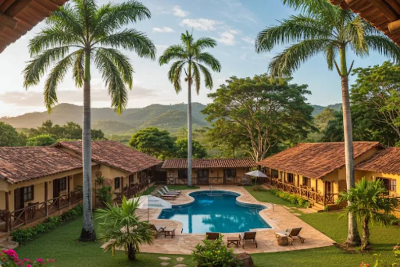 Chalés aconchegantes com piscina convidativa cercada por palmeiras e vegetação tropical, com montanhas ao longe: Pousada Recanto Verde.
